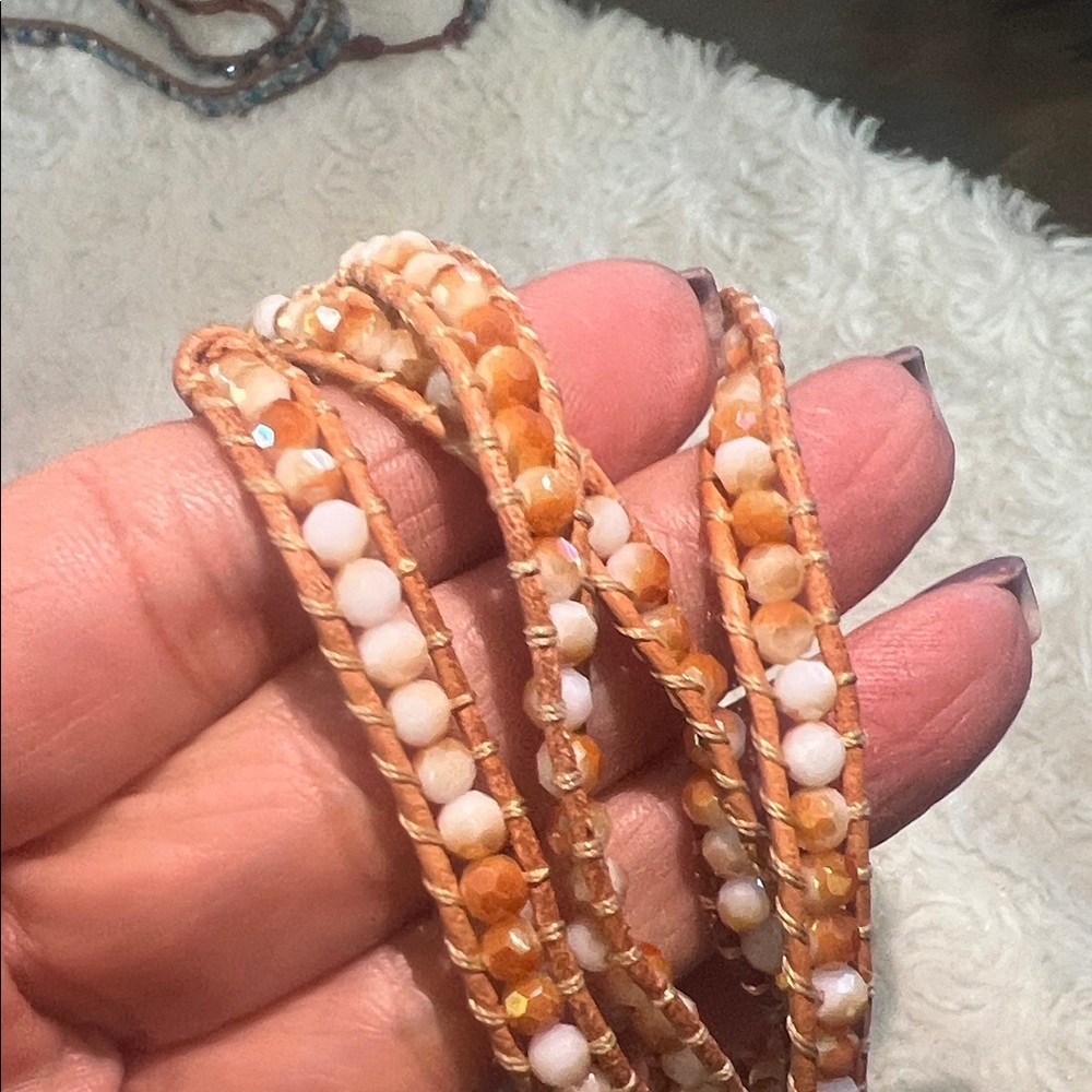 Elegant Tan and White Beaded Wrap Bracelet - Picture 2 of 5